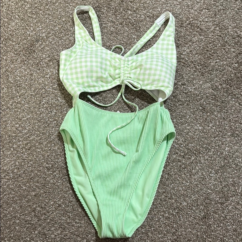 Green Gingham Cutout Swimsuit